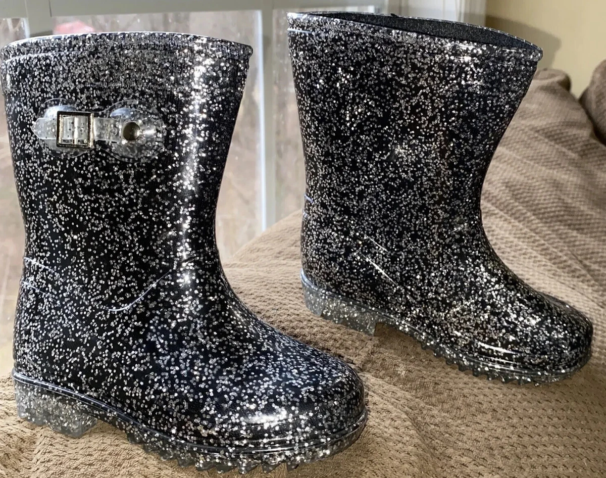 New Toddler Girls Lilly of NY Rain Boots size 7T Black W Silver Glitter