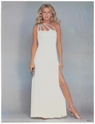 Cheryl Ladd leggy full length pose in white dress holding gun Charlie's