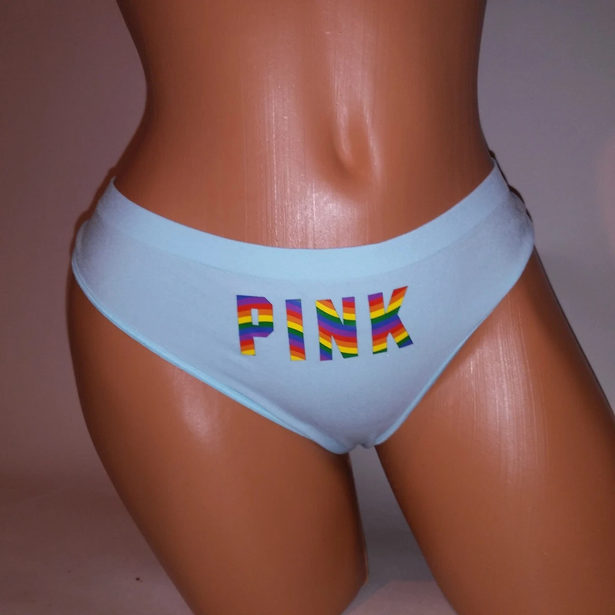 Victoria Secret PINK Panty Thong Light Blue Rainbow Stripe Pride Logo New