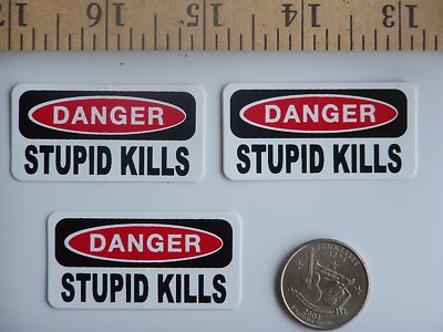 3   Danger Stupid Kills Hard Hat / Helmet Stickers 1  x 2  sticker decal