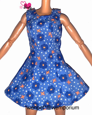 Barbie Vintage Puppenkleidung blau orange Blumenmuster Kleid