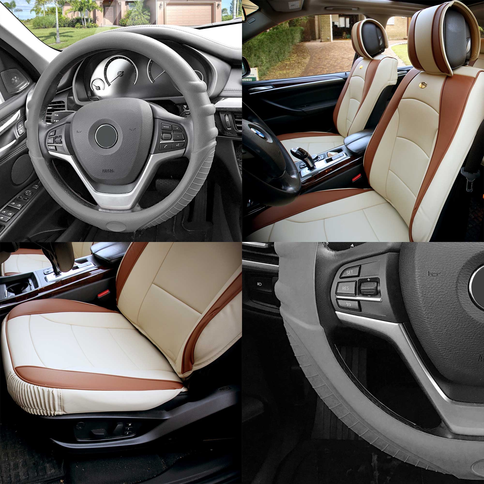 Leatherette Seat Cushion Bucket Covers Pair Beige w/ Gray Steering Cover For SUV