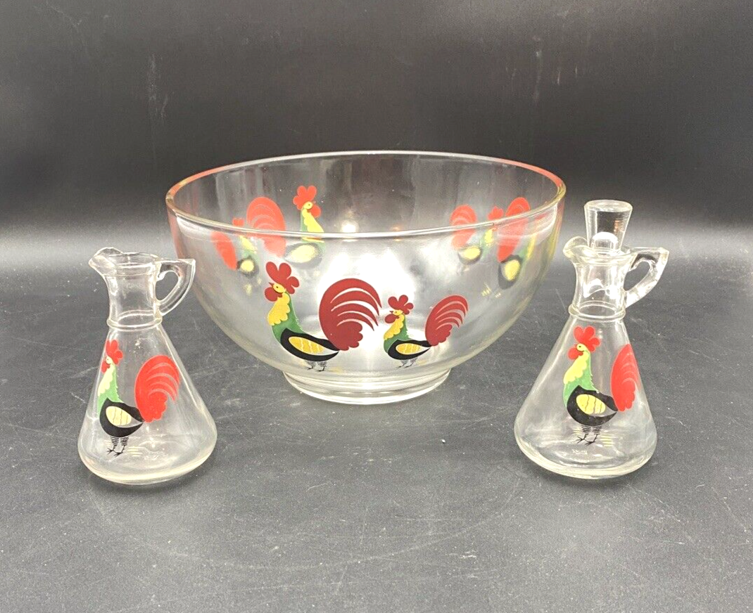 Vintage HAZEL ATLAS Clear Glass with Colorful ROOSTER Salad Bowl