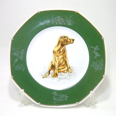 Hermes Paris Auth. Labrador Picture Plate Octagon Green Porcelain