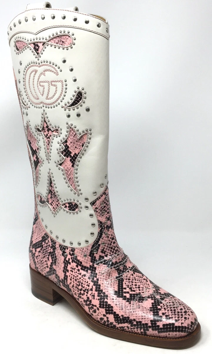 Gucci Double G Boots Women's Size 36 Pink/Black Python Print Leather Cowboy  Boot