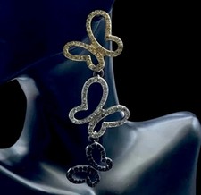 Long Butterfly Drop Earrings Multicolor Rhinestones Black Metal Statement 3.5 In