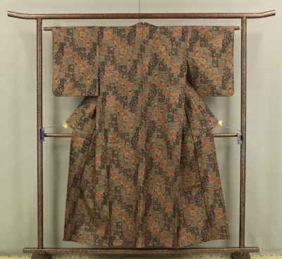 Japanese Kimono with Gray based Yellow and Blue color Pattern Plant Flower