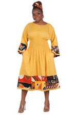 African Trim Midi Dress Smocked, Headwrap Pockets 100 Rayon Patch work