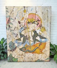Antique Wooden Big Door Panel Fine Rustic Painting Original Old Hand Crafted Pai