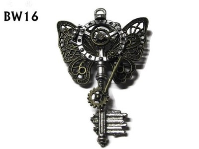 steampunk brooch badge pin bronze butterfly wing silver key locksmith #BW16