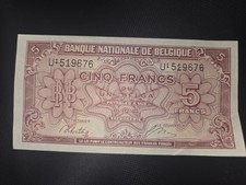 BELGIUM 5 FRANCS BANKNOTE 1943 WWII WW2 BELGIQUE Currency World War Two Belgie
