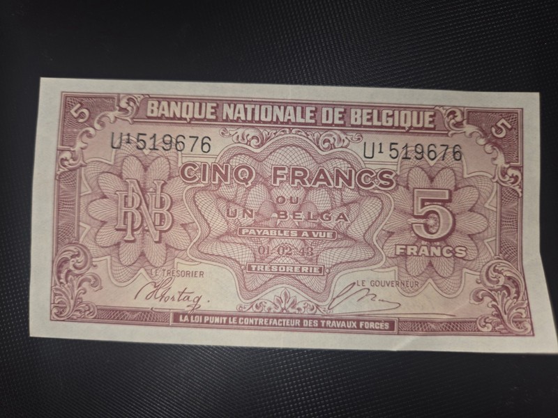 BELGIUM 5 FRANCS BANKNOTE 1943 WWII WW2 BELGIQUE Currency World War Two Belgie