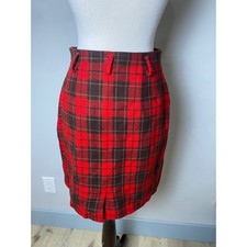 Lizsport Petite Red Brown Plaid Wool Blend Pencil Skirt Vintage 90s Size 8P
