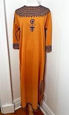 Vintage 1970s Orange and Blue Embroidered Moroccan Caftan Dress Bell Sleeves