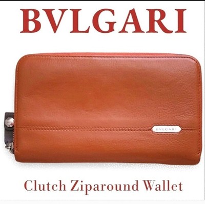 Authentic BVLGARI FGN1439070 Zip-around Orange Leather Clutch Wallet ECU