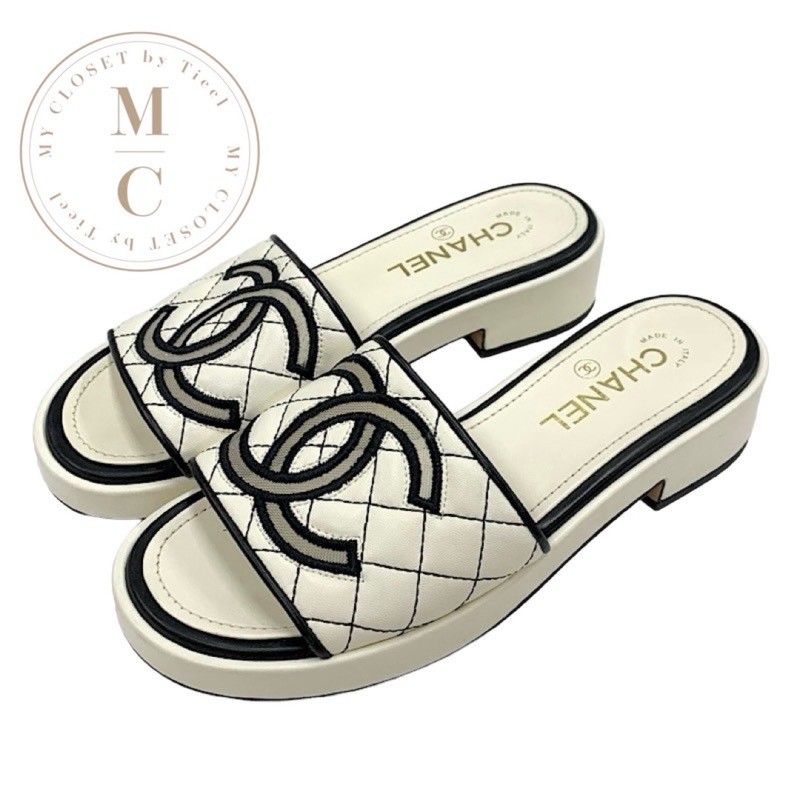 CHANEL Black White Quilted Lambskin Coco Mark Mules Sandals Size 37 US 7 Women