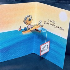 Fisherman Fishing Pop Up 3D Happy Birthday Card Vintage Hallmark Made in USA