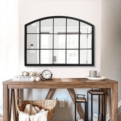 Wide Window Pane Black Mirror,Farmhouse Arched Wall Mirror,Mantel Mirror for ...
