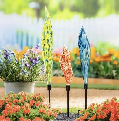 Evergreen Hand-Blown Décor Glass Garden Stakes, Set of 3