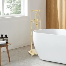 Floor-Mount Freestanding Brass Bathtub Faucet with Hand Shower & Waterfall Spout