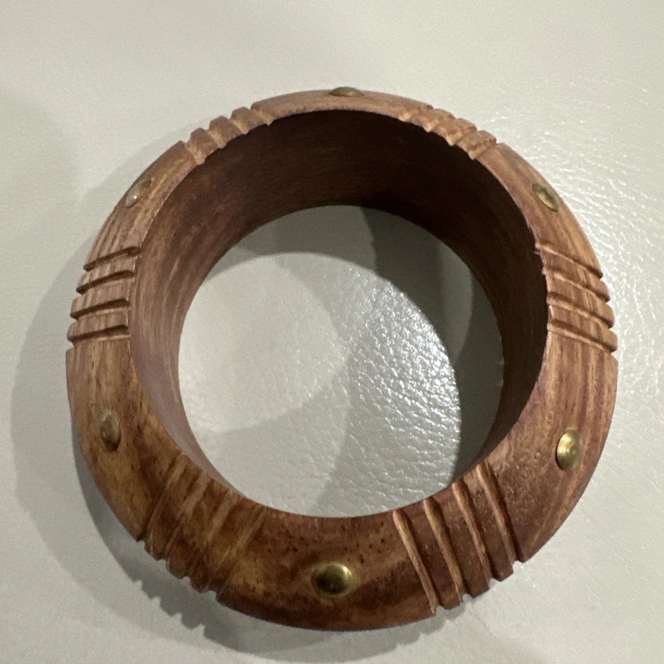 Wood Bangle Bracelet Brown Brass Copper Accents Boho Hippie Wide Chunky Bangle - Image 4 of 4