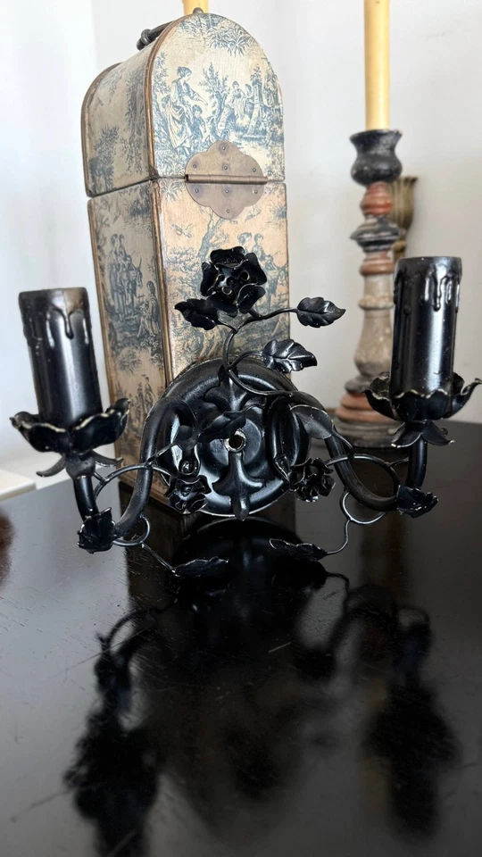 Vintage Wrought Iron Rose Wall Sconces Black Gothic French Tole — Needs Rewiring - Image 4 of 4