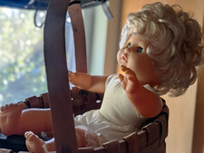 VINTAGE Blonde Curly Hair Blue Eyes Baby Girl Doll, Vinyl/Cloth