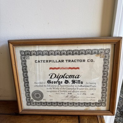 Framed 1935 Caterpillar Tractor Co. Peoria Machinist Trade School Diploma Rare