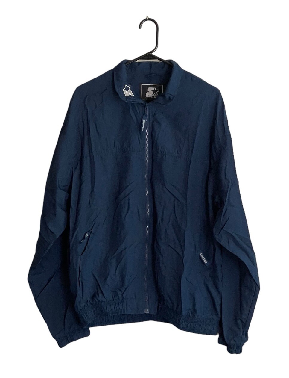 VINTAGE STARTER JACKET SOLID FULL-ZIP Windbreaker Large Navy Vented Logo 90s y2k