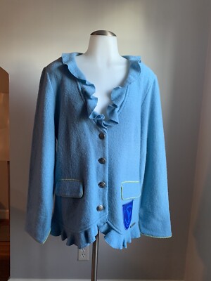 Women s Hammerschmid Blue Button Down Jacket 100% Wool Long Sleeve V-Neck 44-46