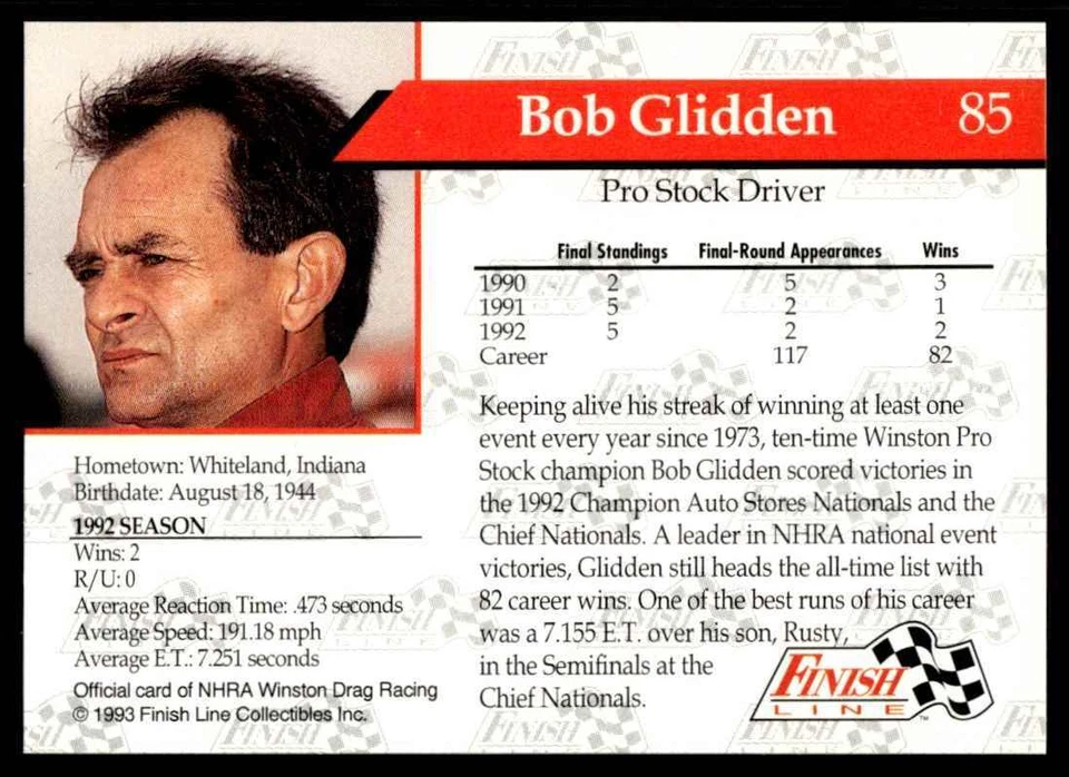1993 Finish Line NHRA Bob Glidden #85 - Image 2 of 2