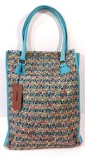 New Missoni Tote Handbag Purse 16"x13"x4" Turquoise Leather Wool Blend Body