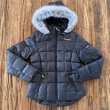 South Pole Jacket Womens M Black Down Fur Hoodie Feathers Embroidered Ladies*
