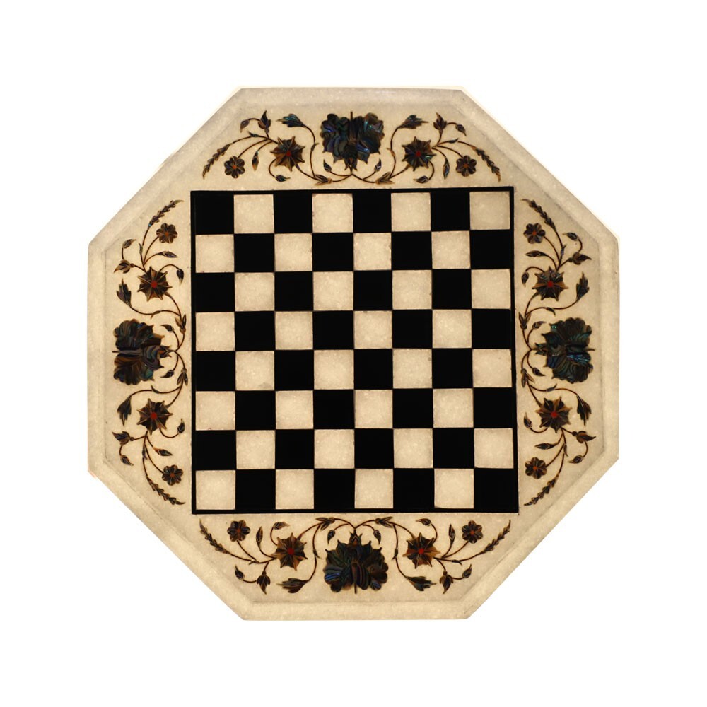 Octagonal White Marble Chess Table Top Inlay Pietra Dura Work
