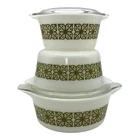 Vintage MCM Pyrex Verde Green Square Flowers Cinderella Round Casserole Set