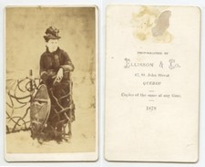 LADY W/ GREAT HAT + SNOW SHOE, QUEBEC, CDV PHOTO BY ELLISSON