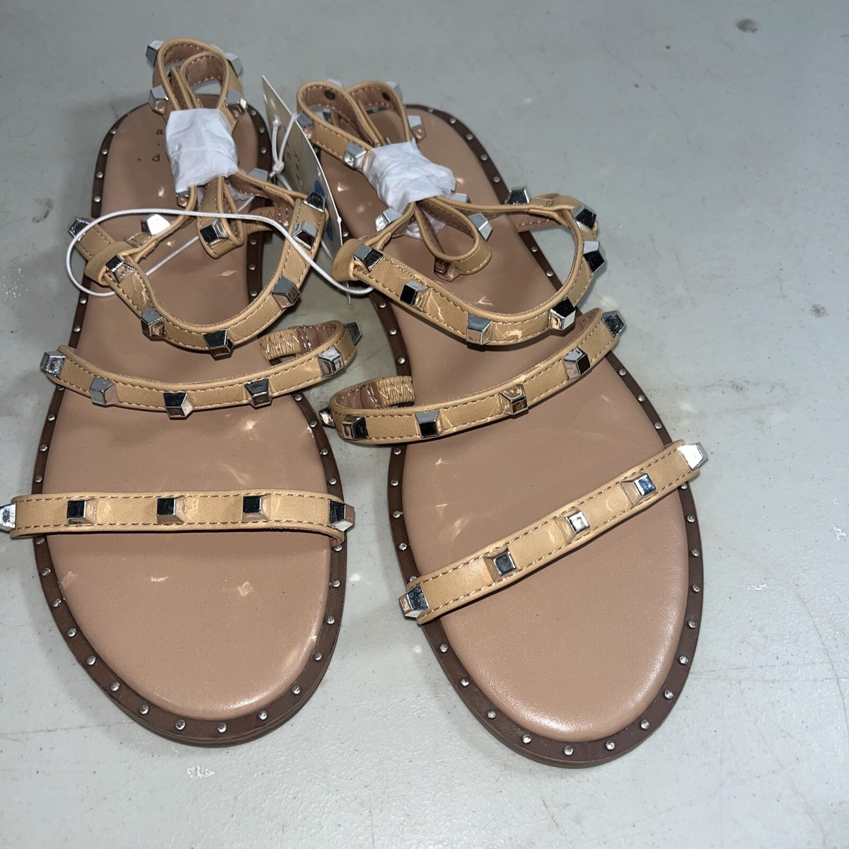 A New Day Strappy Sandals WIDE Tan Astrid Silver Studded Ankle