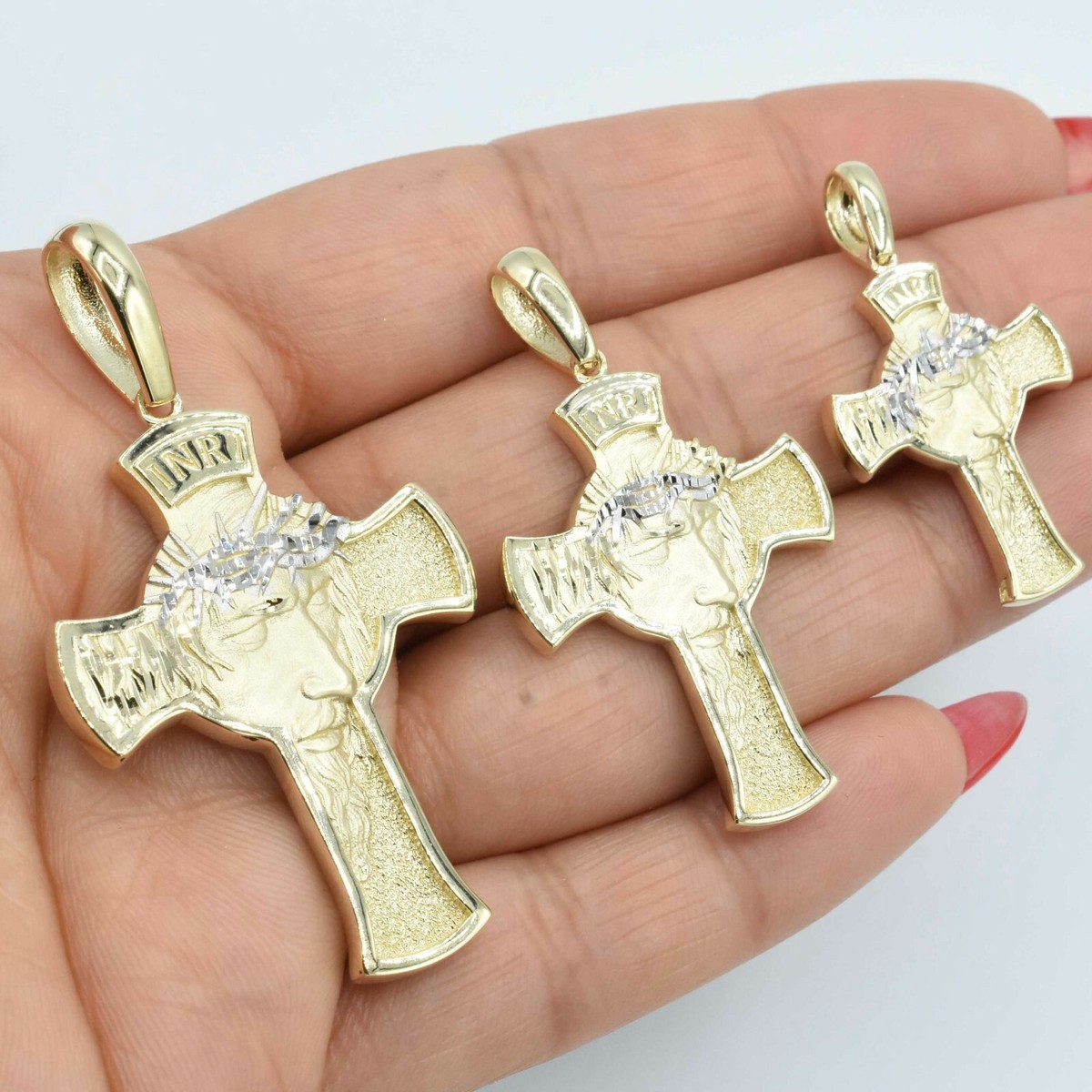 Textured Face of Jesus Cross Pendant Real Solid 10K Yellow White