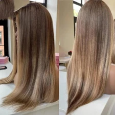 Natural Women Real Human Hair Wig 4X4 Lace Wig Honey Blonde Brown Highlights Wig