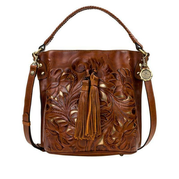 Patricia Nash OCTAVIA Leather Crossbody Bucket Bag Tan Tooled for sale