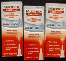 3 Pack Mucinex Sinus-Max Nasal Decongestant Clear and Cool Nasal Spray 0.75 Oz