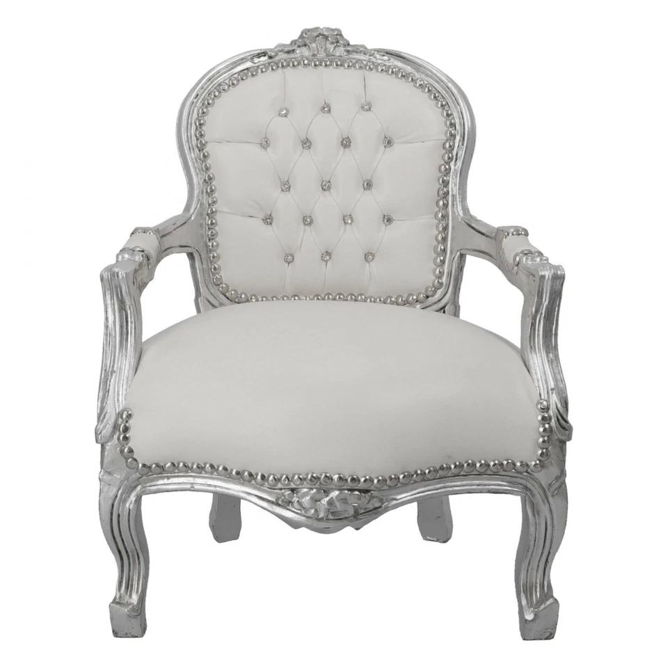Poltrona con braccioli barocco in foglia argento pelle bianca BAMBINI CAMERETTA - Immagine 2 di 4