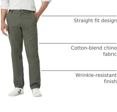 Amazon Essentials Straight Chino Pants Men's Size 35X28 Olive Flat Front A+ COND