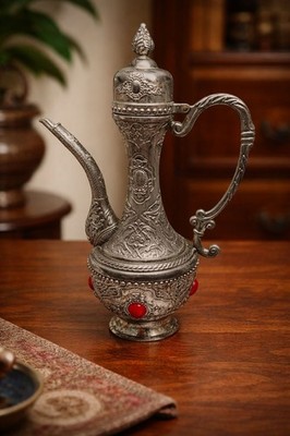 vintage used unique tea pot silver masterpiece orange stone decorative dallah