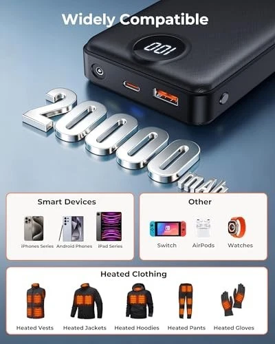 20000mAh Rechargeable Battery Pack for Heated Vests, Power Bank Compatible with image 5