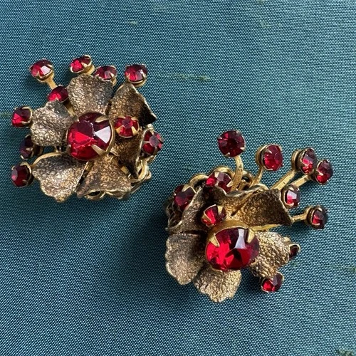 Signed Miriam Haskell Red Rhinestone Floral Clip Earrings Gold Tone Vintage