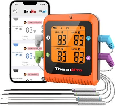 650 ft Bluetooth Meat Thermometer with 4 Color-Coded Probes, Wireless Meat Therm
