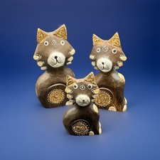 Trio of Brown Wooden Carved Standing Kitty Cat Folk Art Figurines Boho
