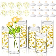 6 Set Glass Cylinder Vase with 8 Artificial Pearl String 12 White Floating Ca...