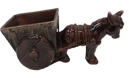 Vintage Royal Haeger Pottery Donkey Pulling Cart Planter Brown Ceramic MCM